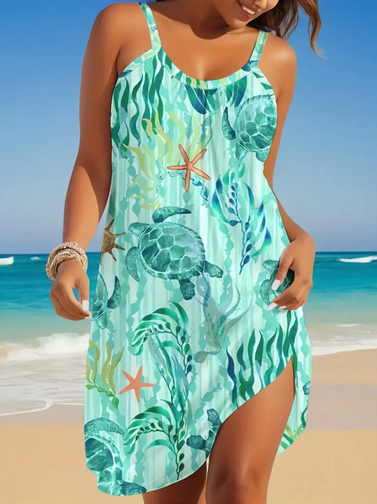 Coastal Boho Summer Jewelry & Dress Set — Seashell Necklace, Ocean Charm Bracelet, Turtle Print Dress